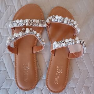 Rouge Helium Pearl Embellished Tan Sandals